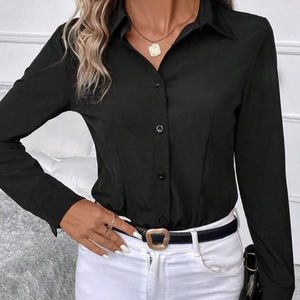 Express Black Fitted Solid Button up Blouse for Womens